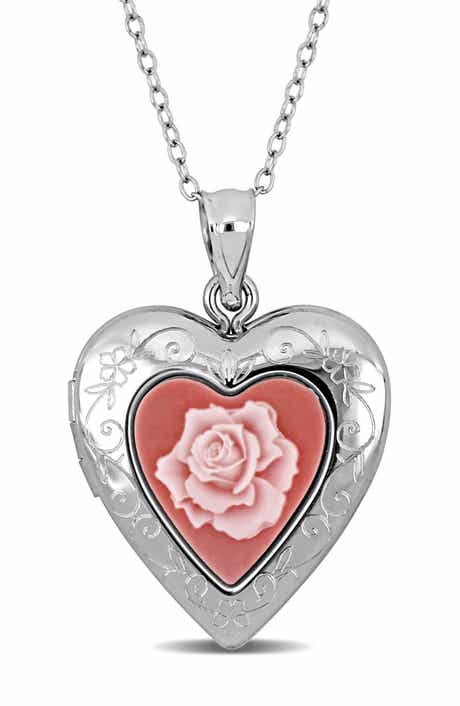 DELMAR Pink Rose Heart Locket Pendant Necklace