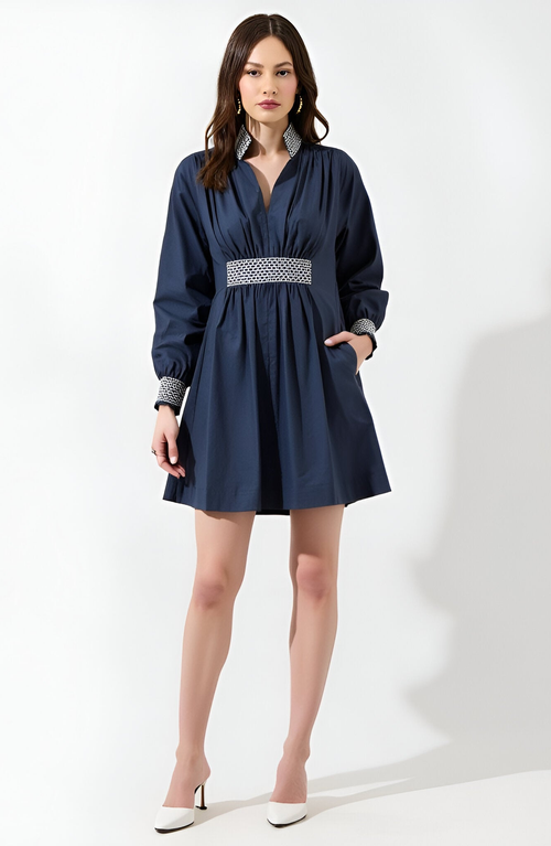 Modenaire Long Sleeve Mini Dress With Embroidered Waist, Cuffs And Collar In Blue
