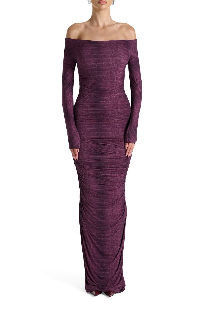 Naked Wardrobe Ruched Off the Shoulder Long Sleeve Maxi Dress, Main, color, Dark Plum Crocodile