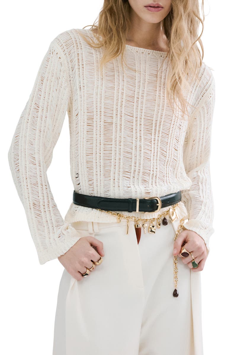 MANGO Fray Open Knit Sweater, Main, color, Ecru