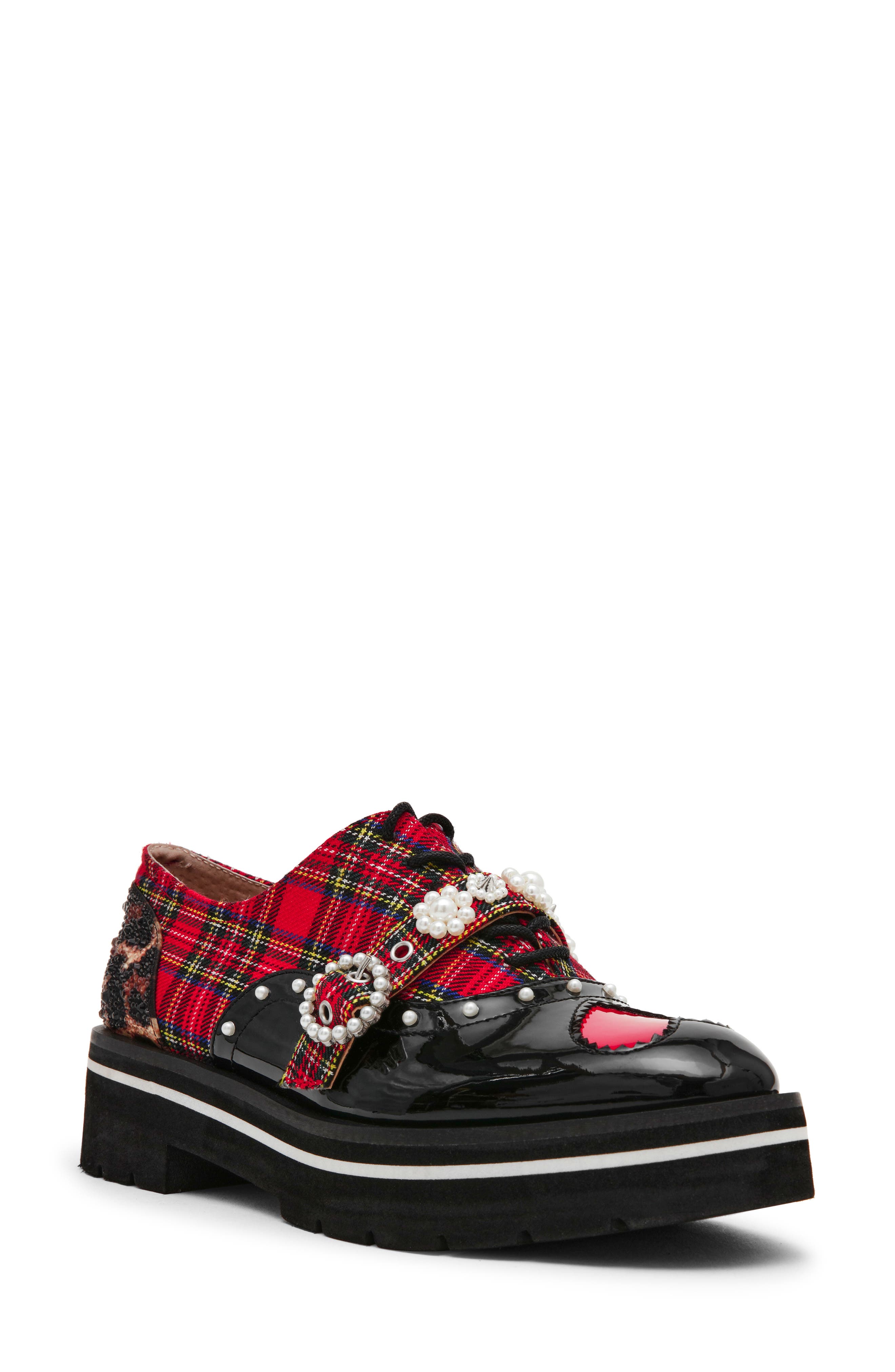 Betsey Johnson Simonee Buckle Derby, Main, color, Red Plaid