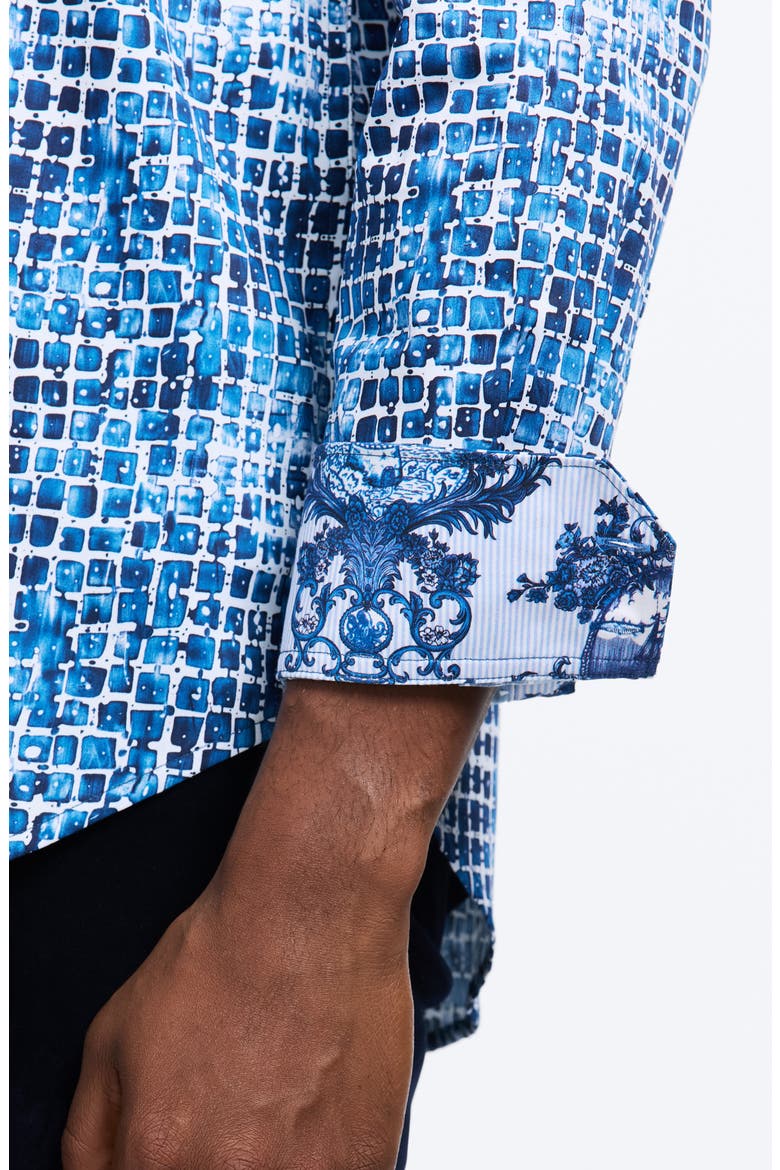 Hester Tile Print Stretch Cotton Button-Up Shirt, Alternate, color, BLUE