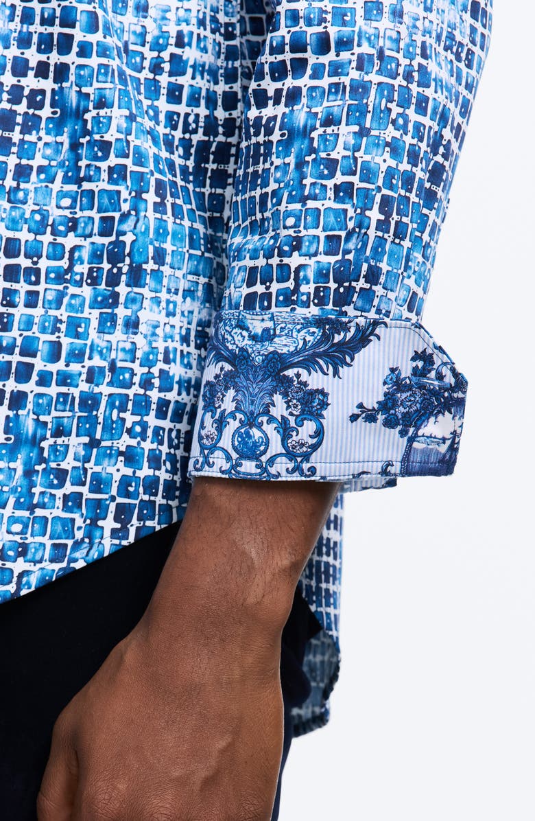 Robert Graham Hester Tile Print Stretch Cotton Button-Up Shirt, Alternate, color, Blue