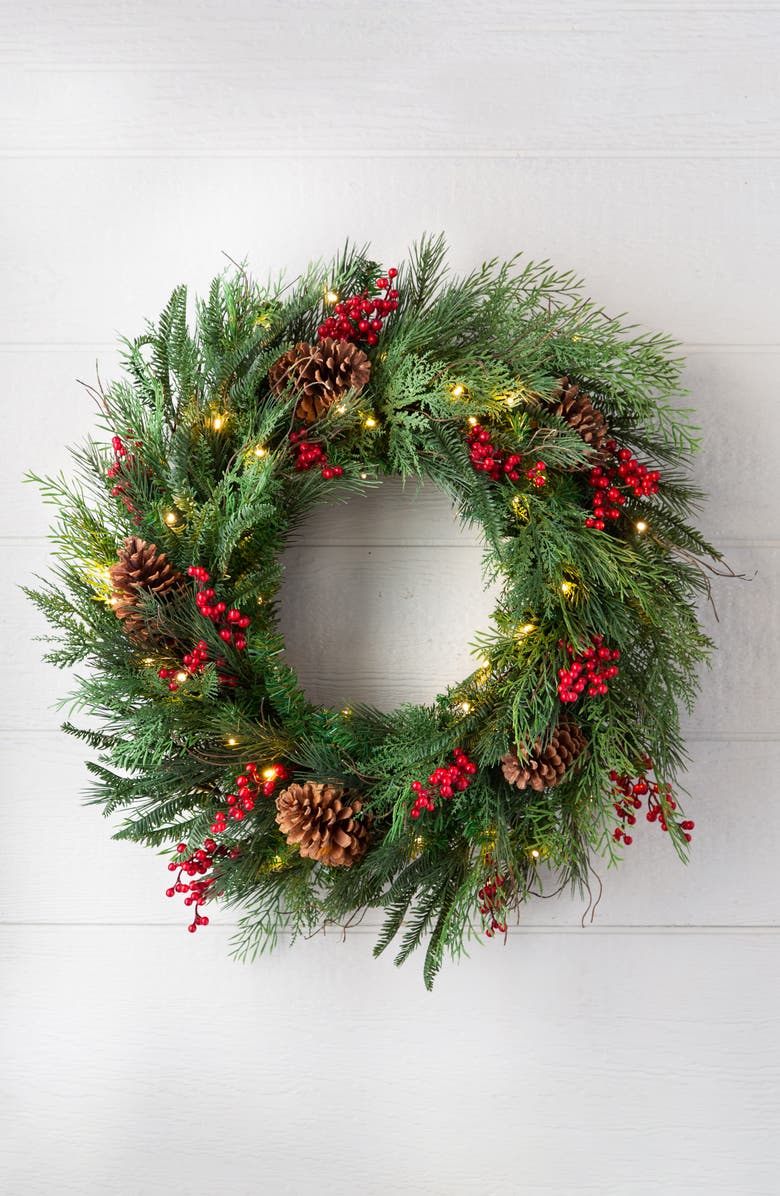 Balsam Hill Red Berry Pine Pre Lit Outdoor Wreath, Alternate, color, Red