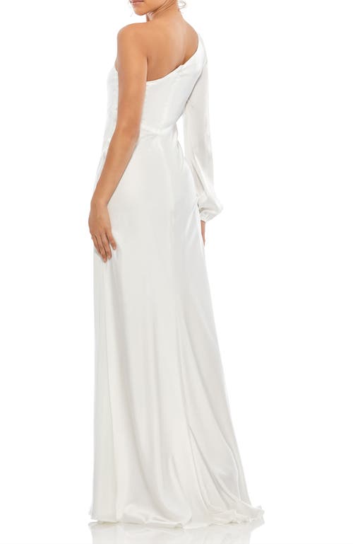 Mac Duggal One-shoulder Gown With Dramatic Puff Sleeve And Thigh-high Slit In White In White