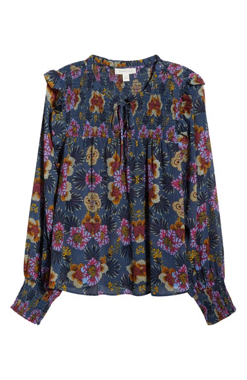Treasure & Bond Floral Smocked Yoke Popover Top In Blue