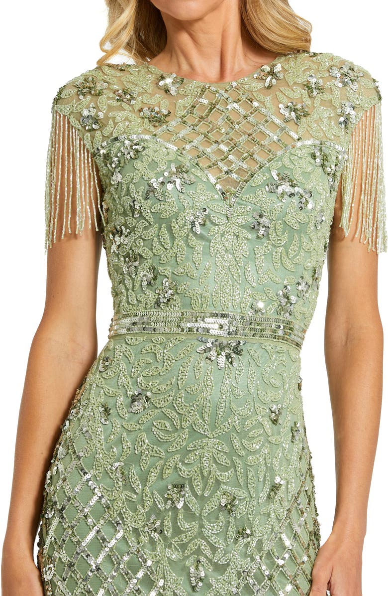 Mac Duggal Women's High Neck Beaded Fringe Fitted Gown, Alternate, color, Sage
