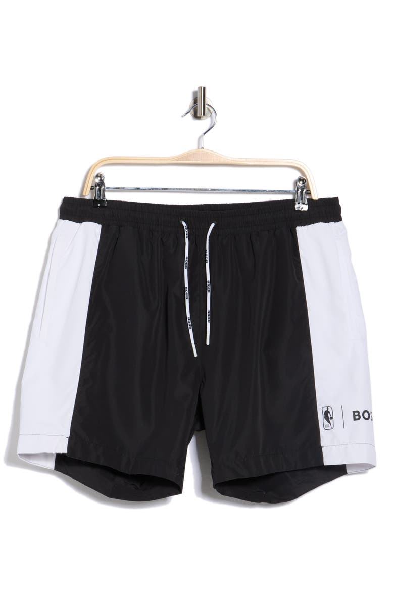 BOSS x NBA Swim Trunks, Main, color, White/ Black