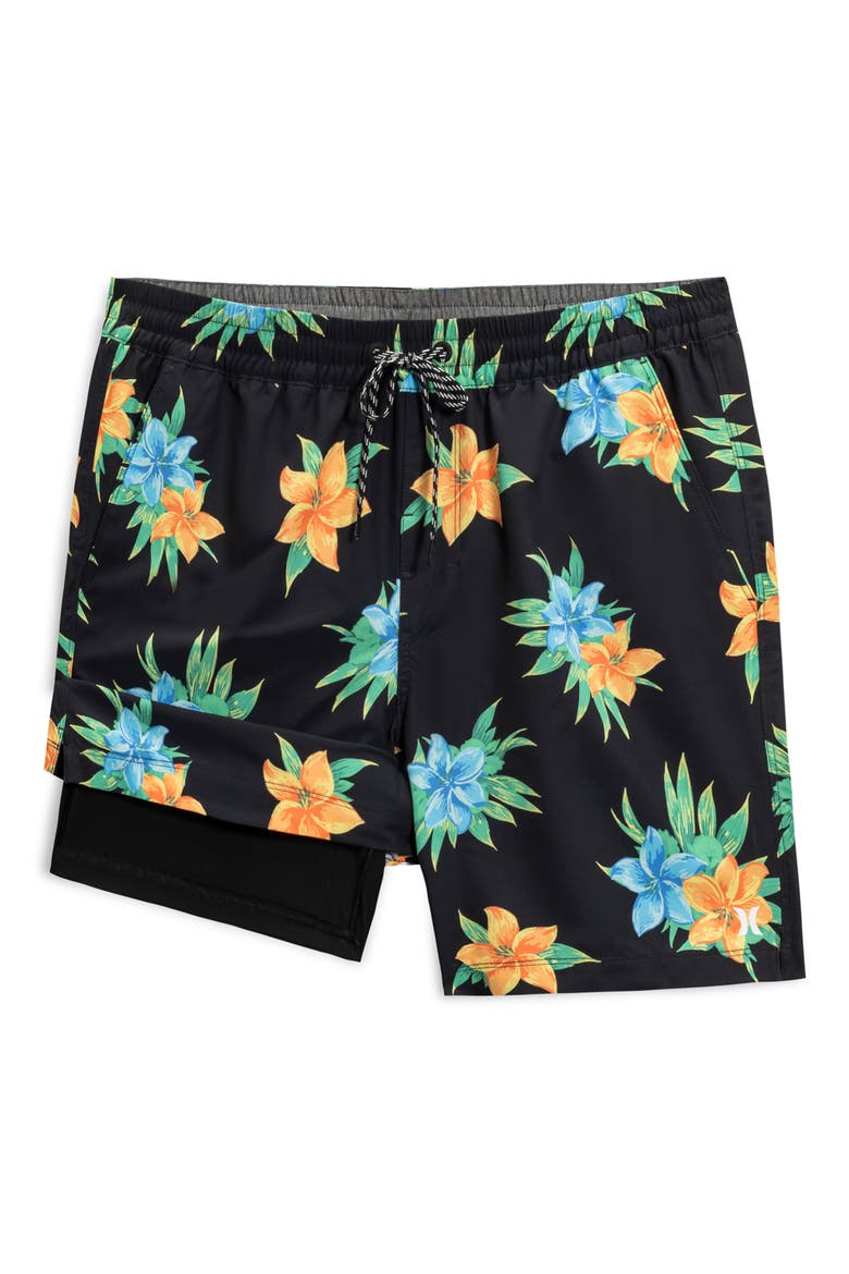 Glow Floral Volley Swim Shorts, Alternate, color, BLACK