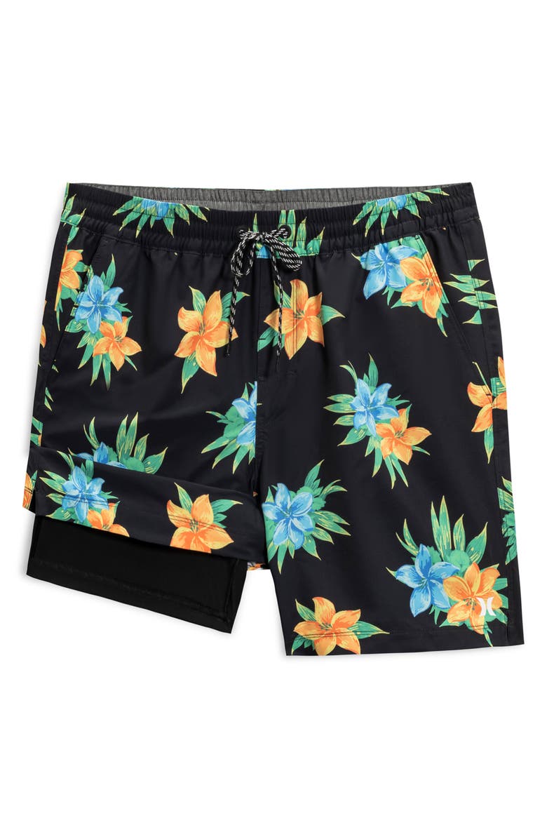 Hurley Glow Floral Volley Swim Shorts, Alternate, color, Black