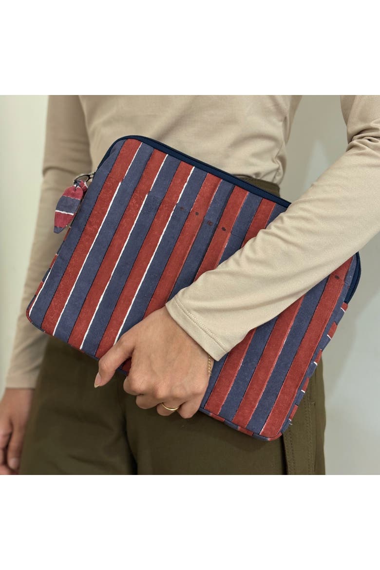 Quilted Cotton iPad Tablet Sleeve with Hand Block Print, Alternate, color, Red & Blue Stripes