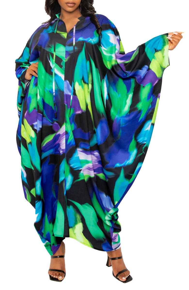BUXOM COUTURE Abstract Print Long Sleeve Caftan, Main, color, Blue Multi