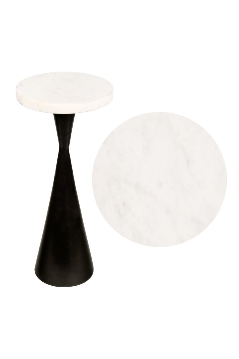 Ziggy Contemporary Round Marble Top Drink Table with Aluminum Hourglass Pedestal Base Accent Side Table, Main, color, Antique Black