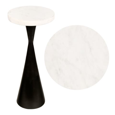 Ziggy 22" Contemporary Designer Metal Drink Table and Decorative End Table with White Marble Round Top and Cone Pedestal Base
