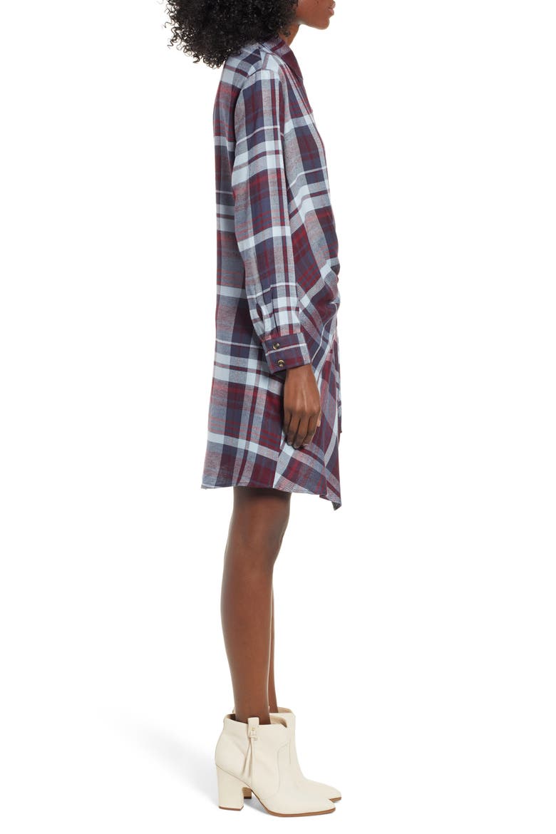 Plaid Tie Waist Shirtdress, Alternate, color, WINE/ BLUE