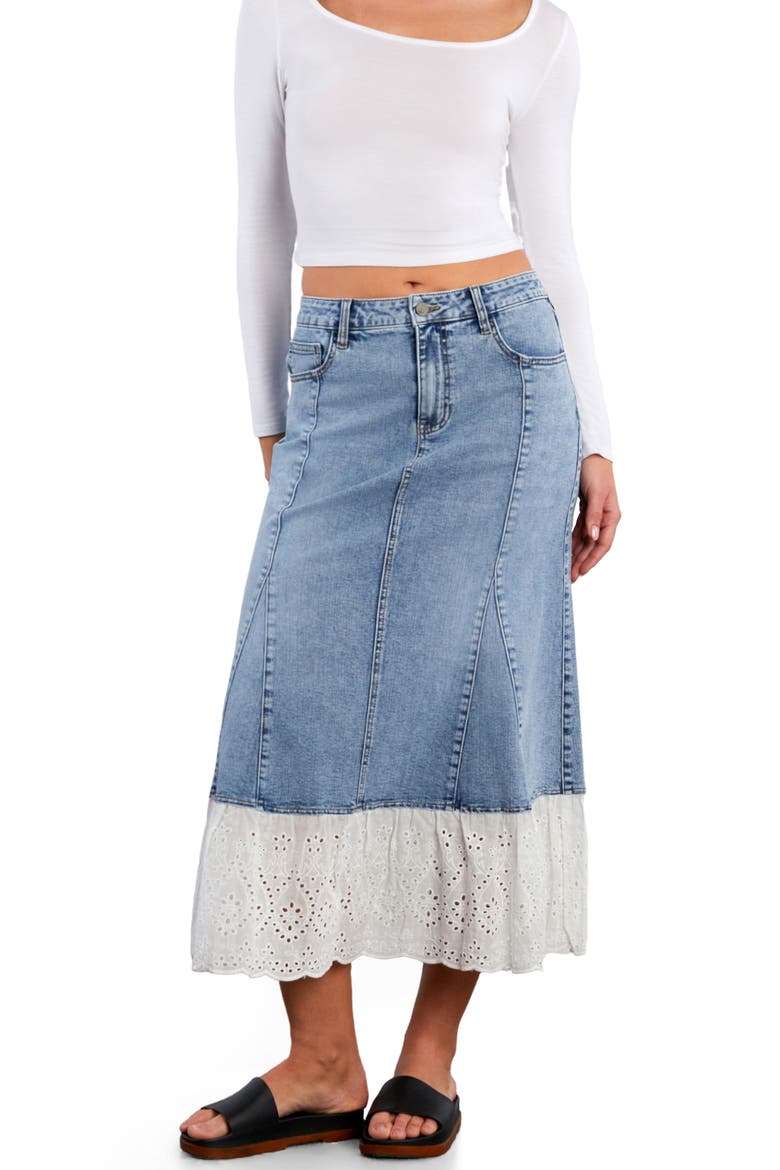 Empress Eyelet Trim Denim Maxi Skirt, Alternate, color, DENIM STORM