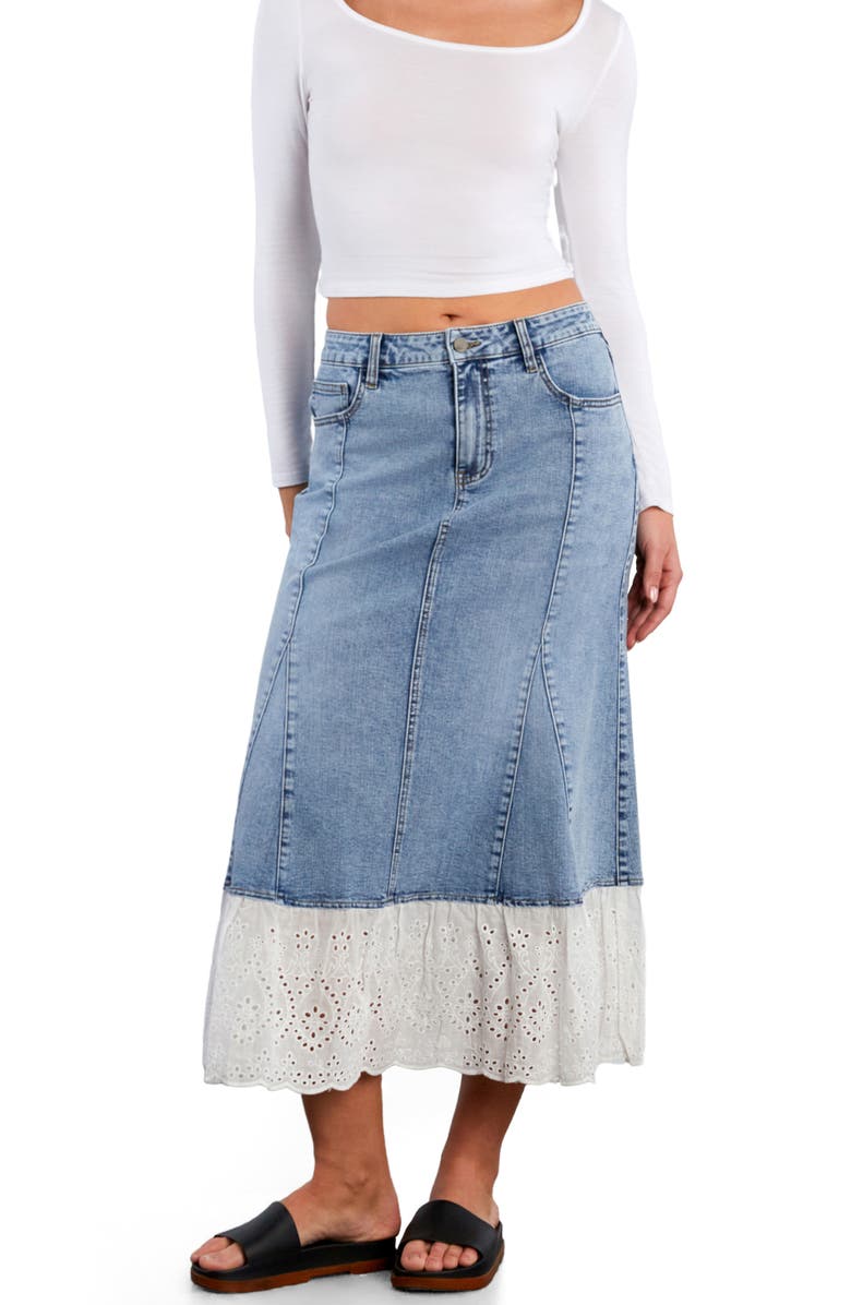 Wash Lab Denim Empress Eyelet Trim Denim Maxi Skirt, Alternate, color, Denim Storm