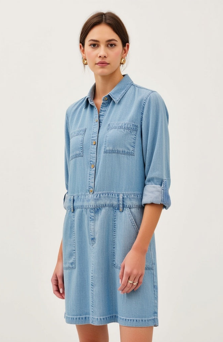 Modenaire Long-Sleeve Button-Front Denim Mini Dress, Alternate, color, Light Blue