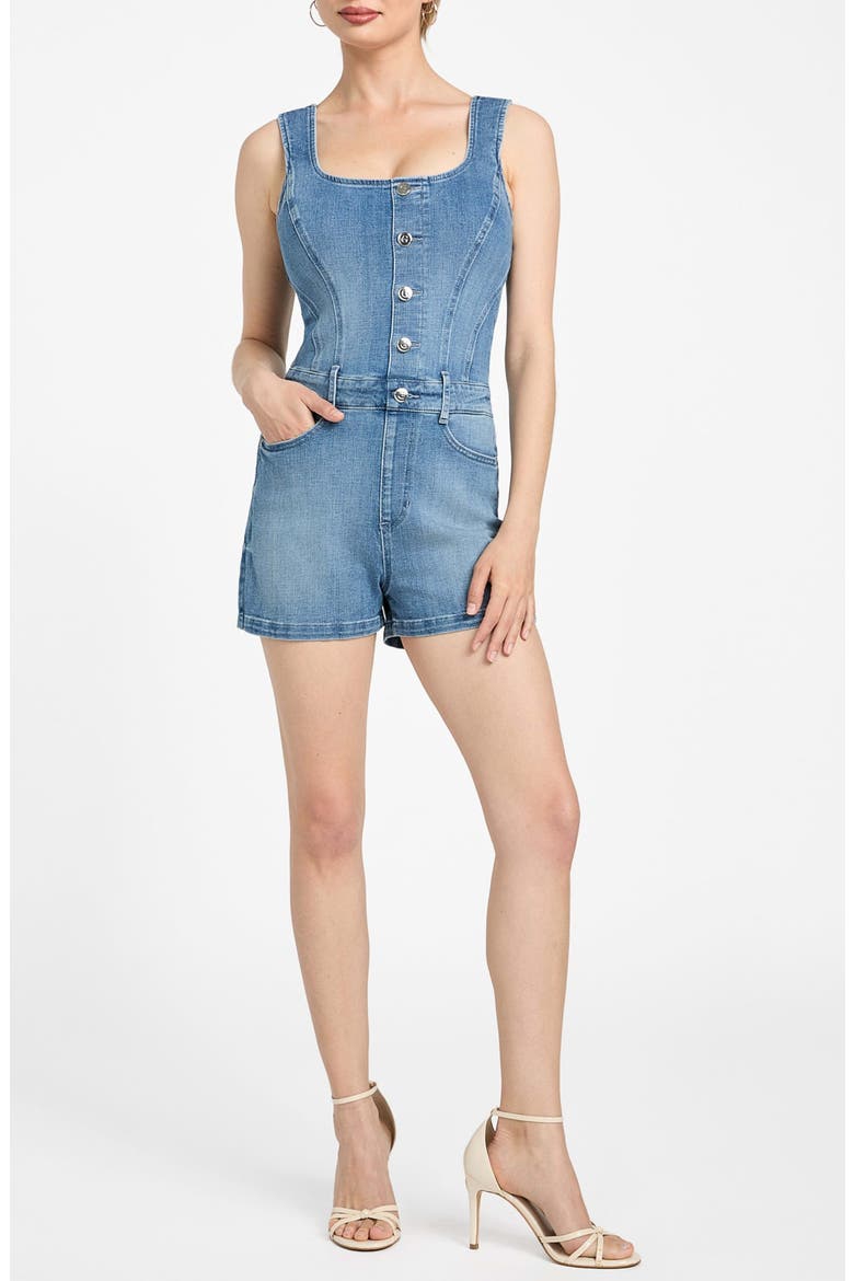 Sunni Sleeveless Stretch Denim Romper, Main, color, DREAM BLU