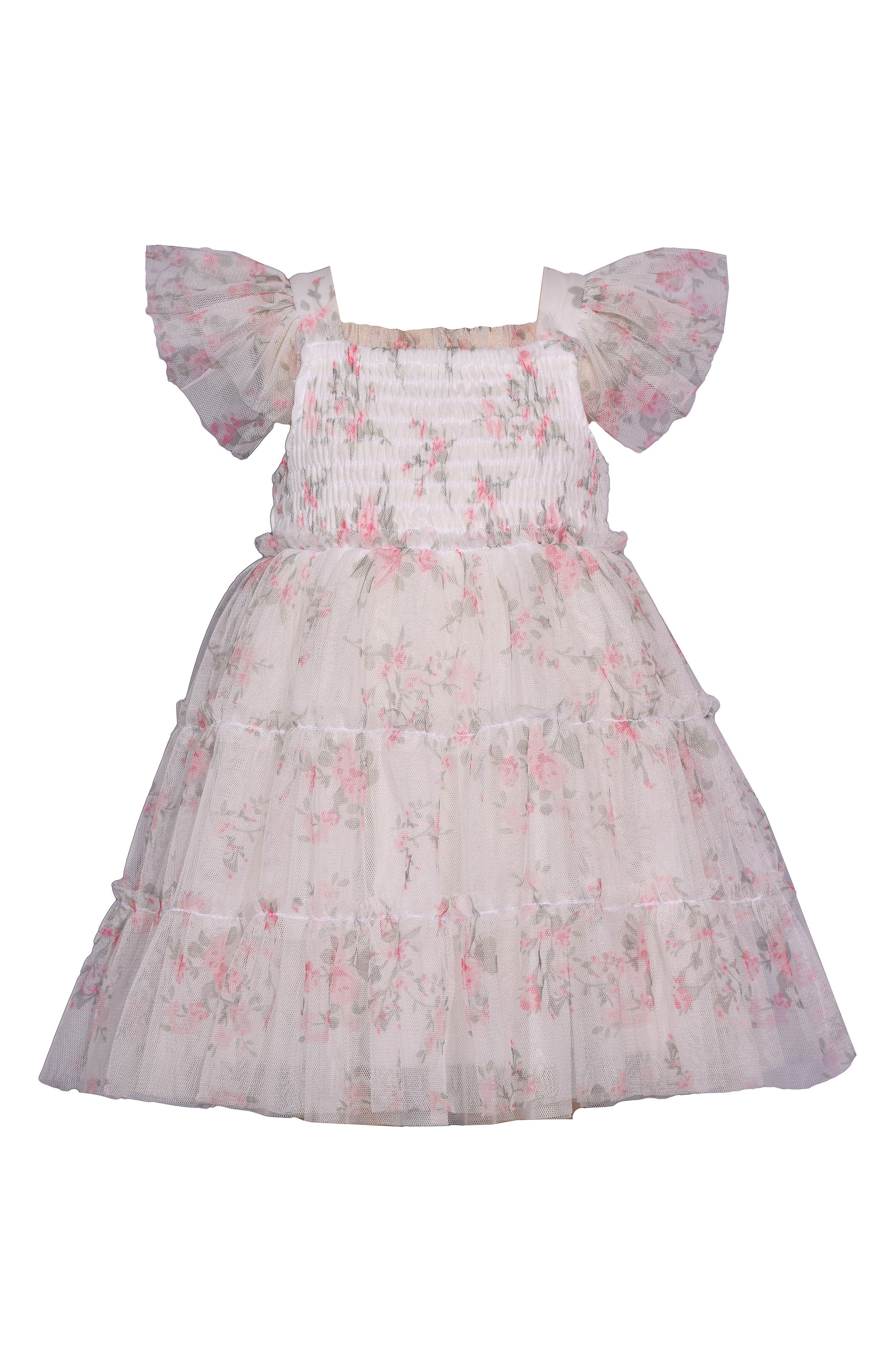 Iris & Ivy Kids' Smocked Bodice Tiered Mesh Party Dress in Pink 
