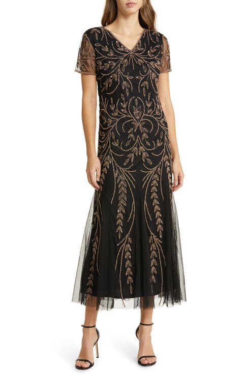 V-Neck Embellished Mesh Gown (Plus)