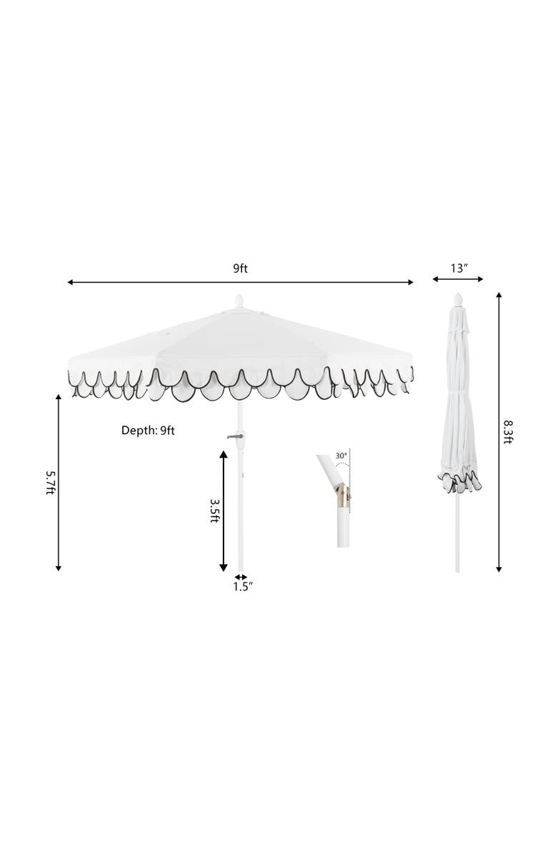 JONATHAN Y Tracy 9 ft. Classic MidCentury Scalloped Fringe Market Patio Umbrella with Auto-Tilt, Crank, Wind Vent and UV Protection, Alternate, color, White