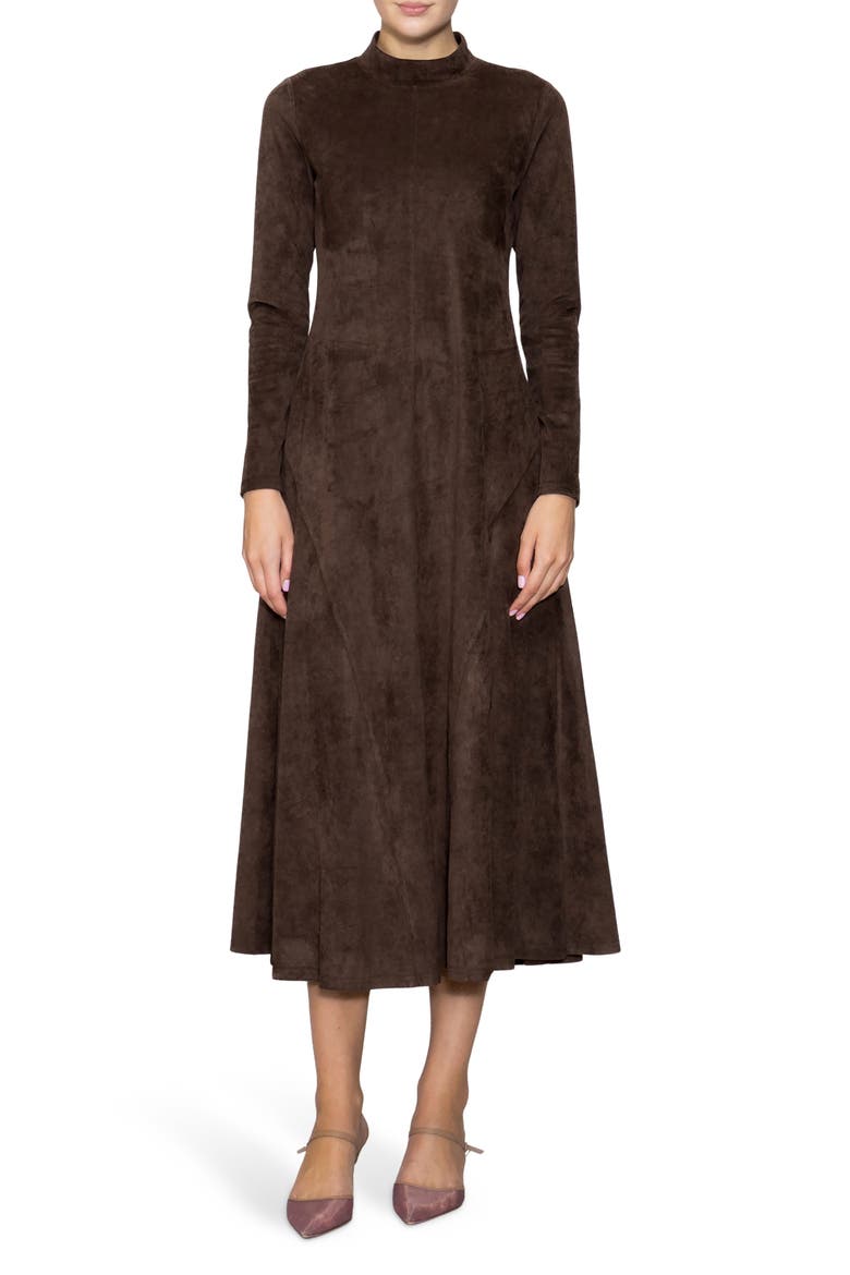 Long Sleeve Faux Suede A-Line Dress, Main, color, DEEP BROWN