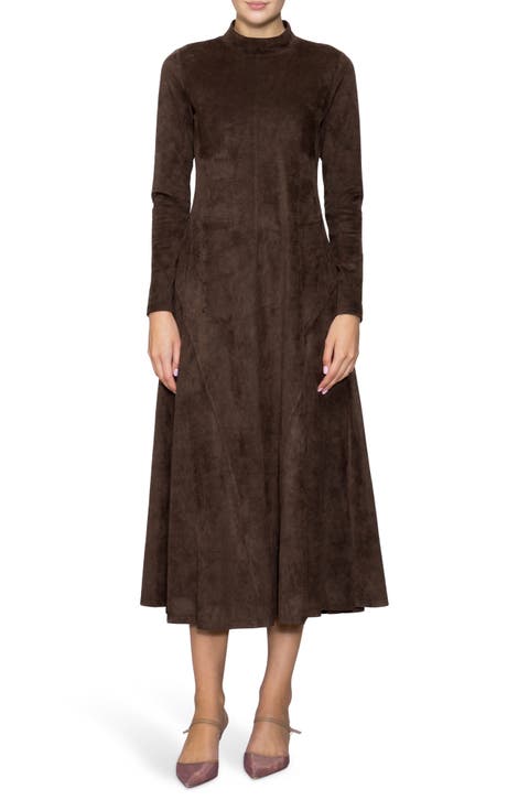 Long Sleeve Faux Suede A-Line Dress