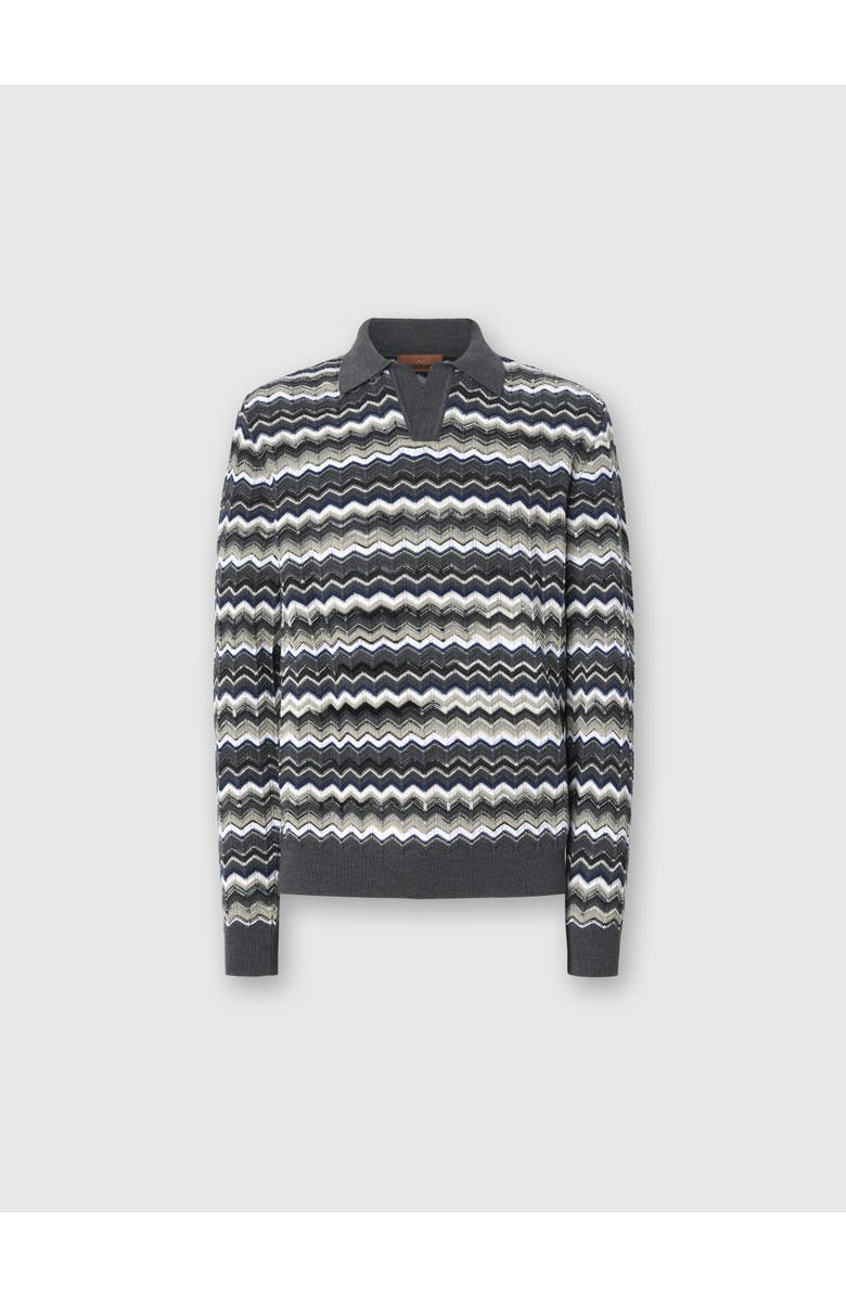 Missoni Long Sleeve Polo With V-neck And Zigzag Pattern, Main, color, Grey & Beige