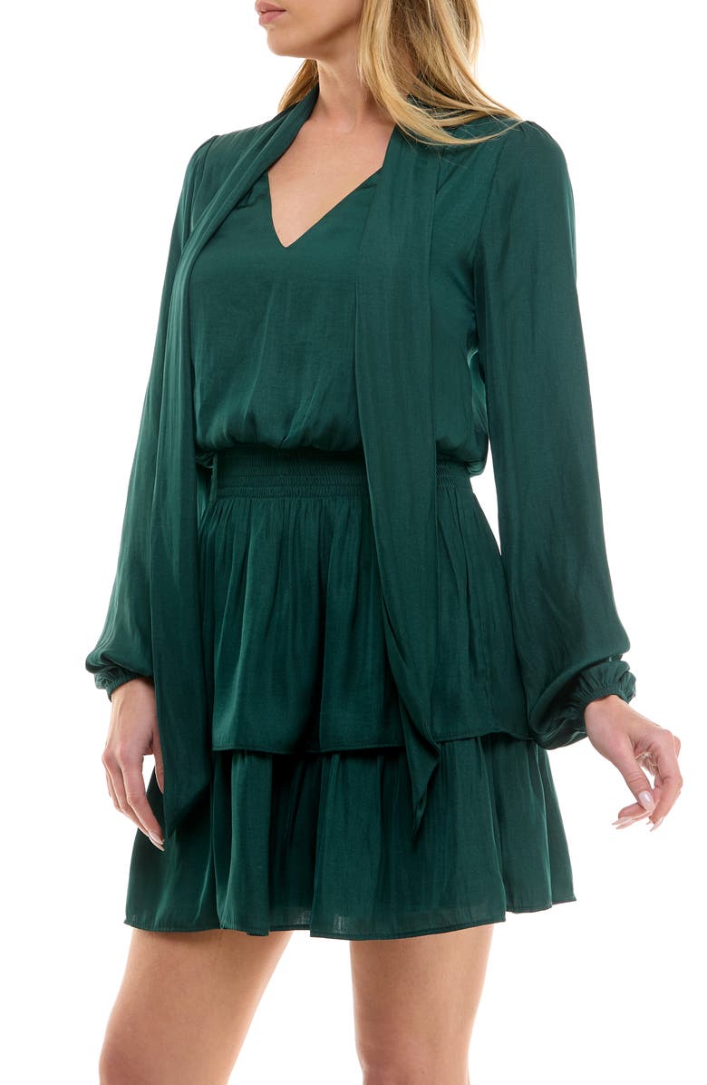 Socialite Tie Neck Long Sleeve Tiered Minidress, Alternate, color, Sea Moss