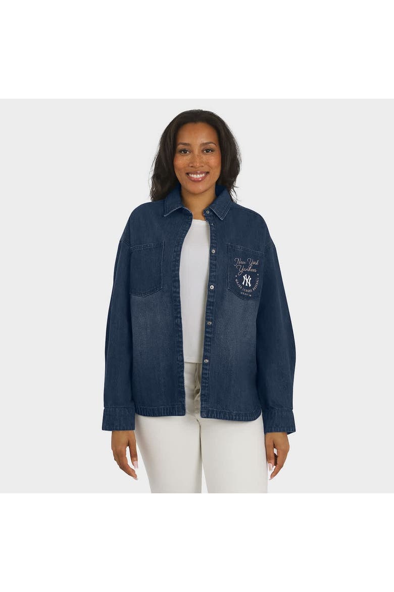 Women's WEAR by Erin Andrews  Denim New York Yankees Washed Oversized Denim Full-Snap Shacket, Alternate, color, Denim