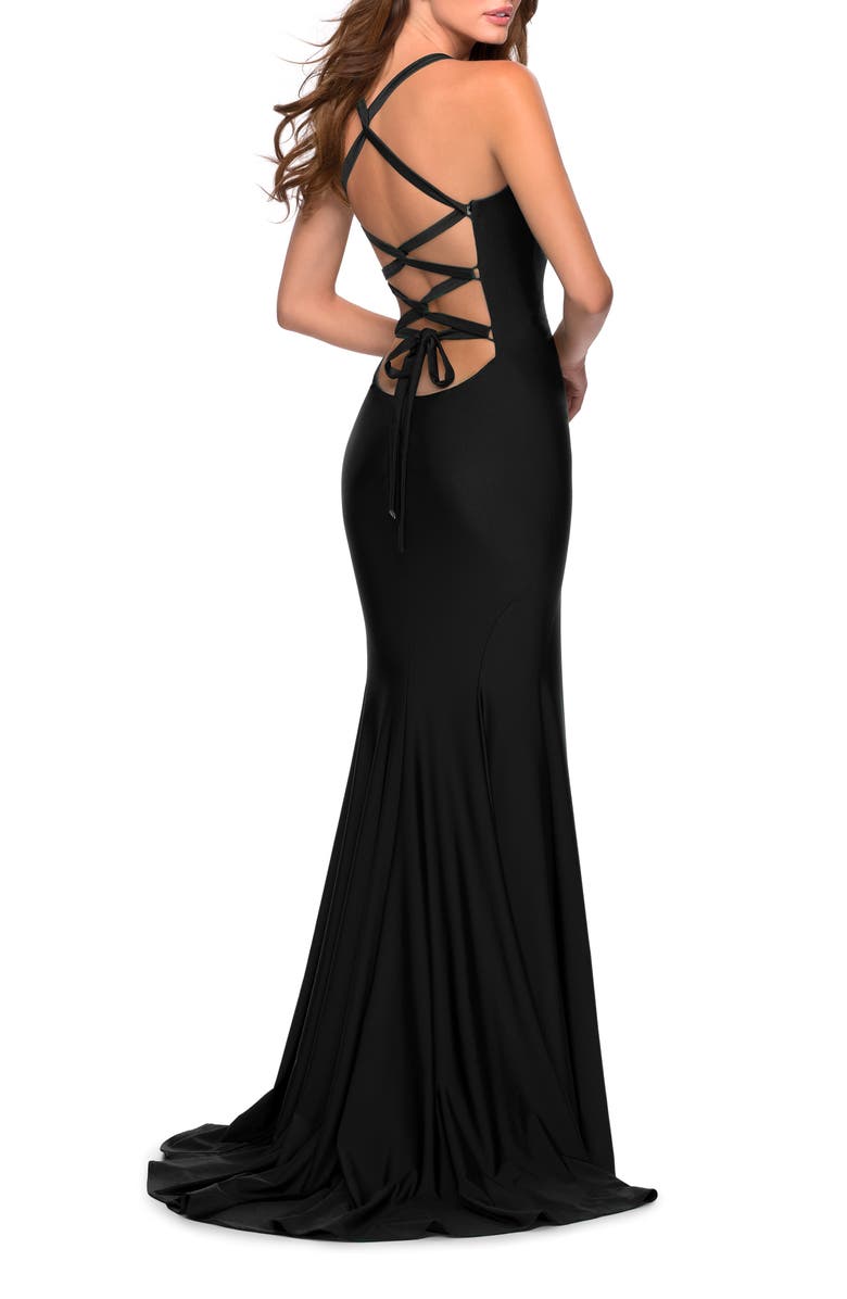 La Femme Form Fitting Prom Dress with Dramatic Lace Up Back, Alternate, color, Black