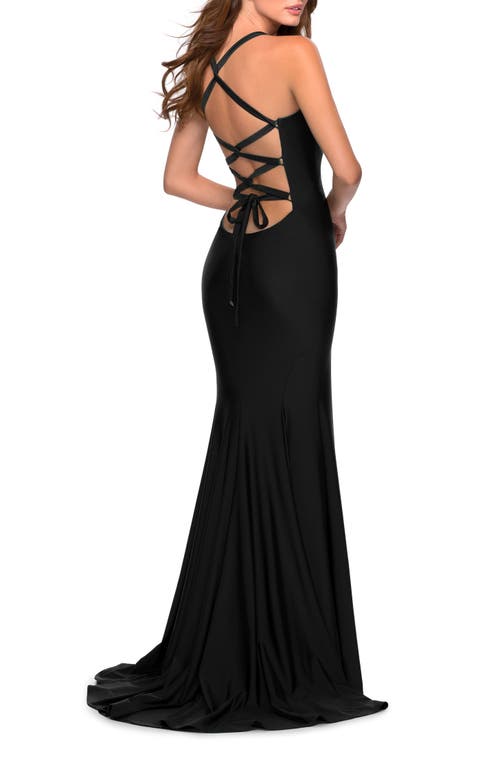 La Femme Form Fitting Prom Dress With Dramatic Lace Up Back In Black