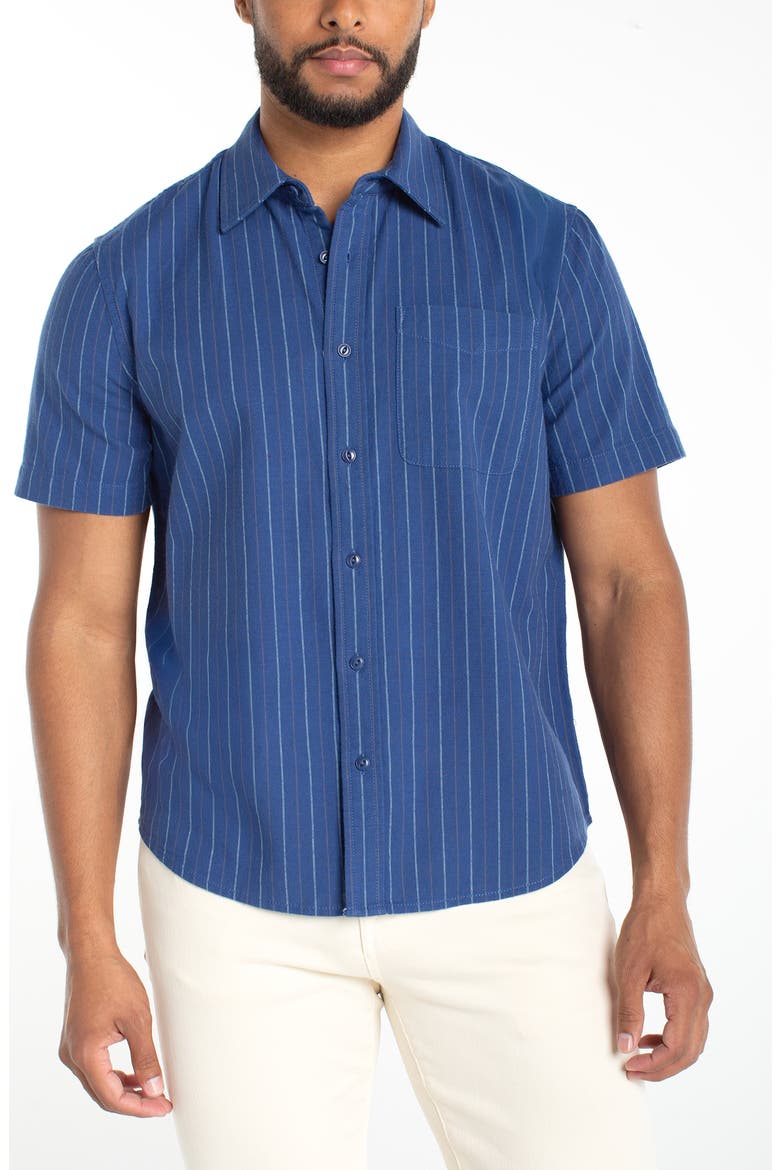 Pinstripe Short Sleeve Cotton Button-Up Shirt, Main, color, BLUE MULTI