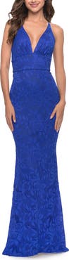 La Femme Fitted Stretch Lace Prom Dress with Banded Waist