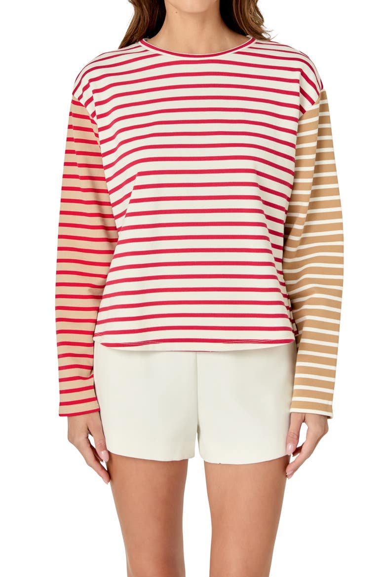 Colorblock Stripe Long Sleeve Cotton Blend Top, Alternate, color, RED MULTI