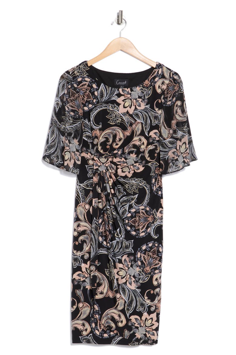 Floral Flutter Sleeve Faux Wrap Dress, Alternate, color, CAMEL