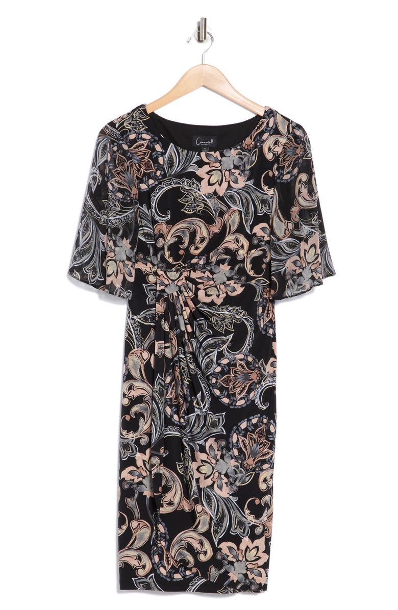 Connected Apparel Floral Flutter Sleeve Faux Wrap Dress, Alternate, color, Camel
