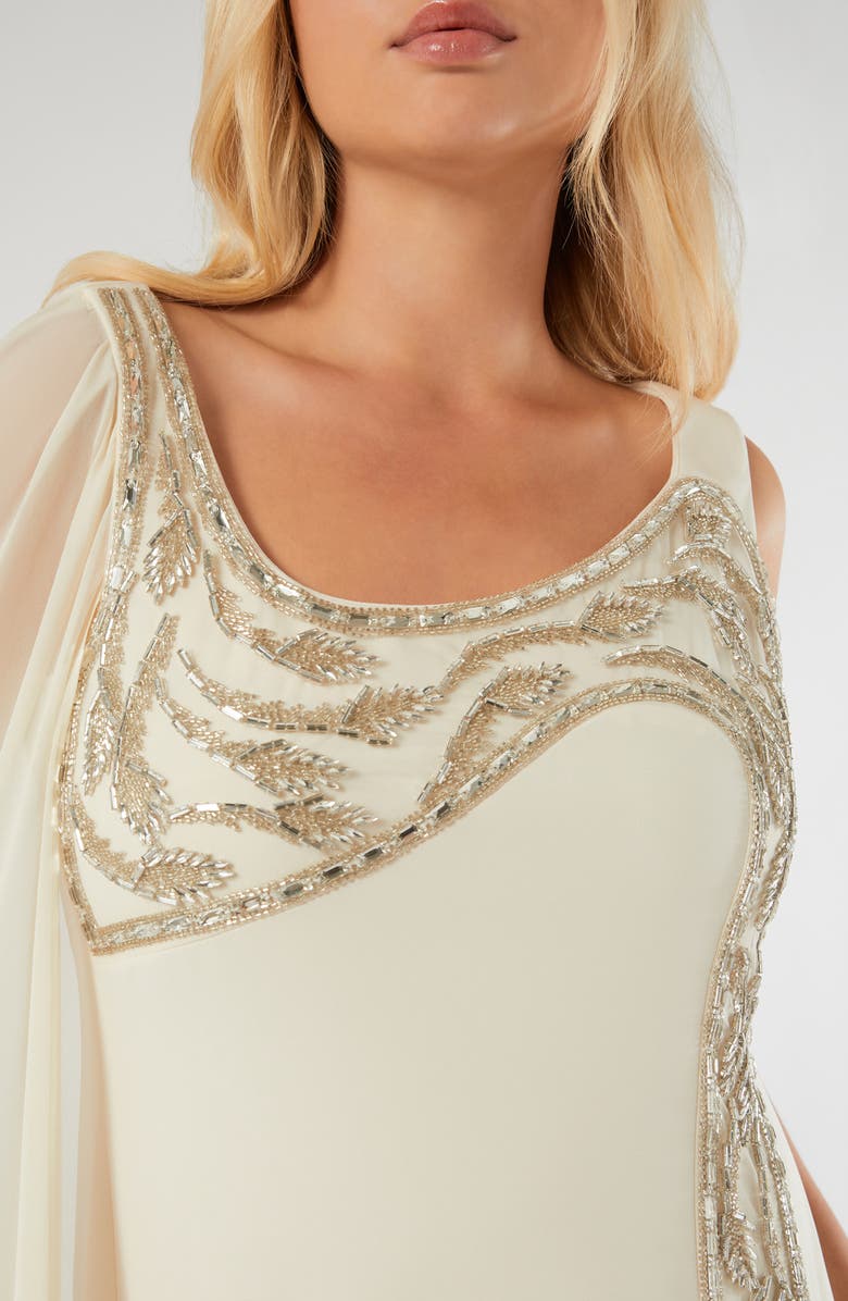 Marina Rinaldi Calisso Bead Detail Caped Gown, Alternate, color, Light Yellow