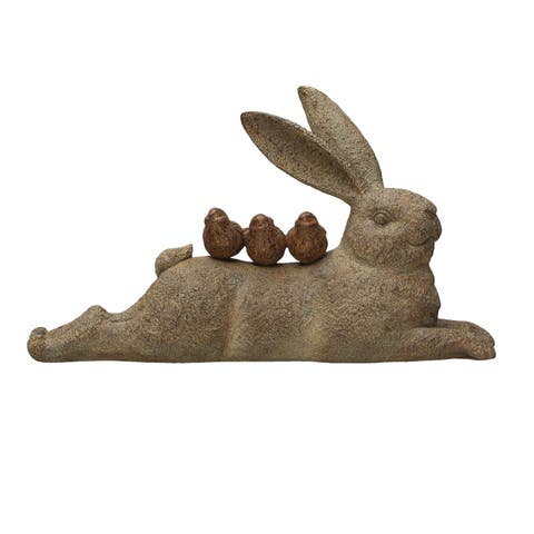 Decorative Resting Rabbit with Birds Figurine, Brown
