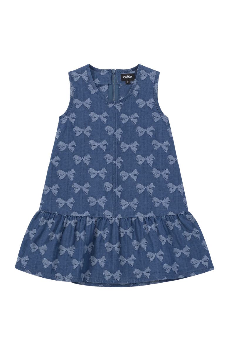 Puddles Bow Denim Ruffle Hem Invisible Zipper Jumper, Main, color, Dark Denim