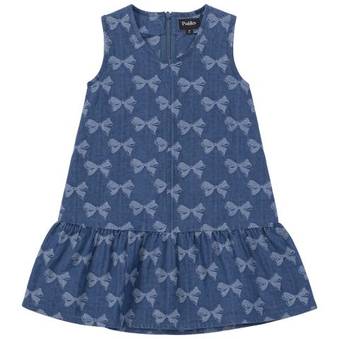 Bow Denim Ruffle Hem Invisible Zipper Jumper (Toddler, Little Kid & Big Kid)