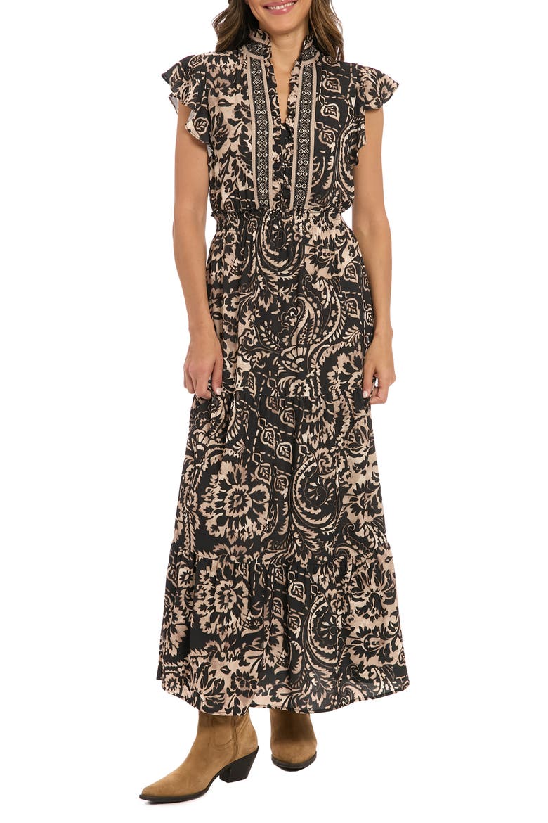 Ruffle Flutter Sleeve Tiered Maxi Dress, Main, color, BONE/ BLACK