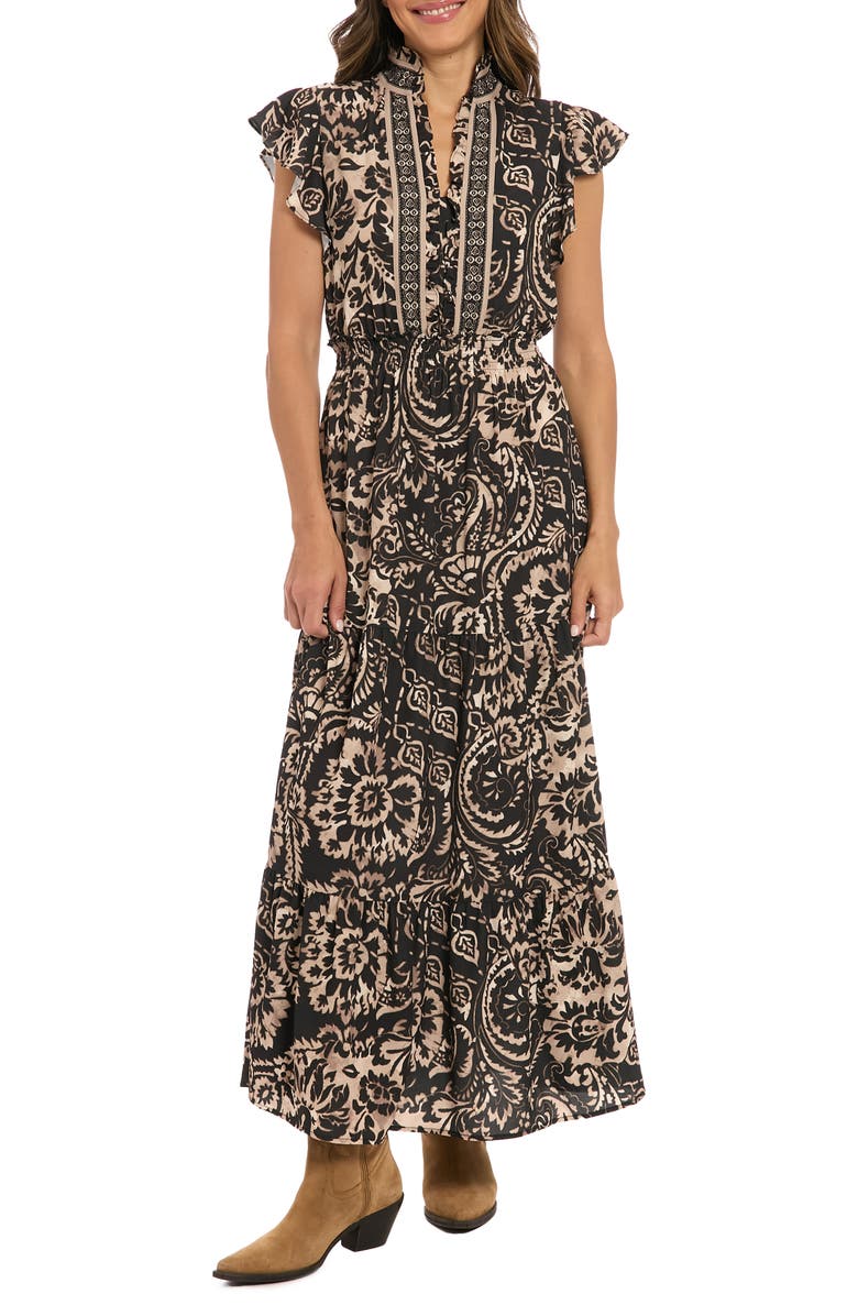 London Times Ruffle Flutter Sleeve Tiered Maxi Dress, Main, color, Bone/ Black