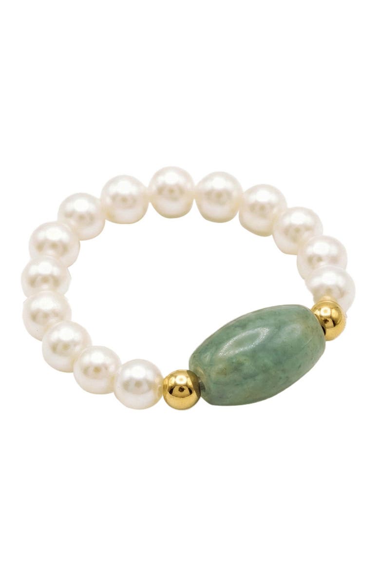 Isa Jade and beaded pearl stretch ring, Main, color, Light green