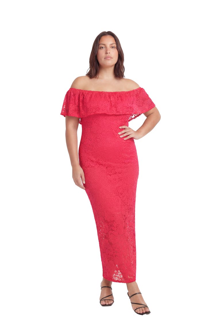 Curvy Elevate Lace Off the Shoulder Side Slit Body-Con Maxi Dress, Main, color, Fuchsia