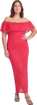 24seven Comfort Apparel Curvy Elevate Lace Off the Shoulder Side Slit Body-Con Maxi Dress