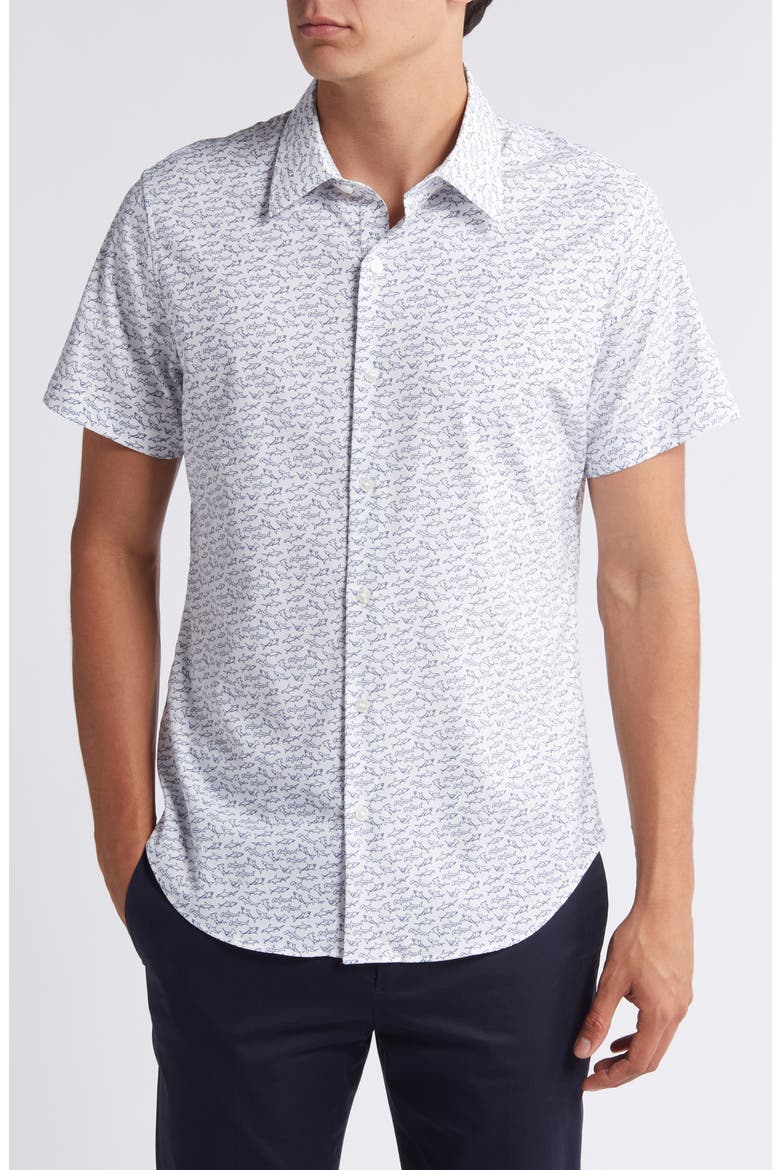 Tech Shark Print Short Sleeve Performance Button-Up Shirt, Main, color, SHARK PARTY V4 C25