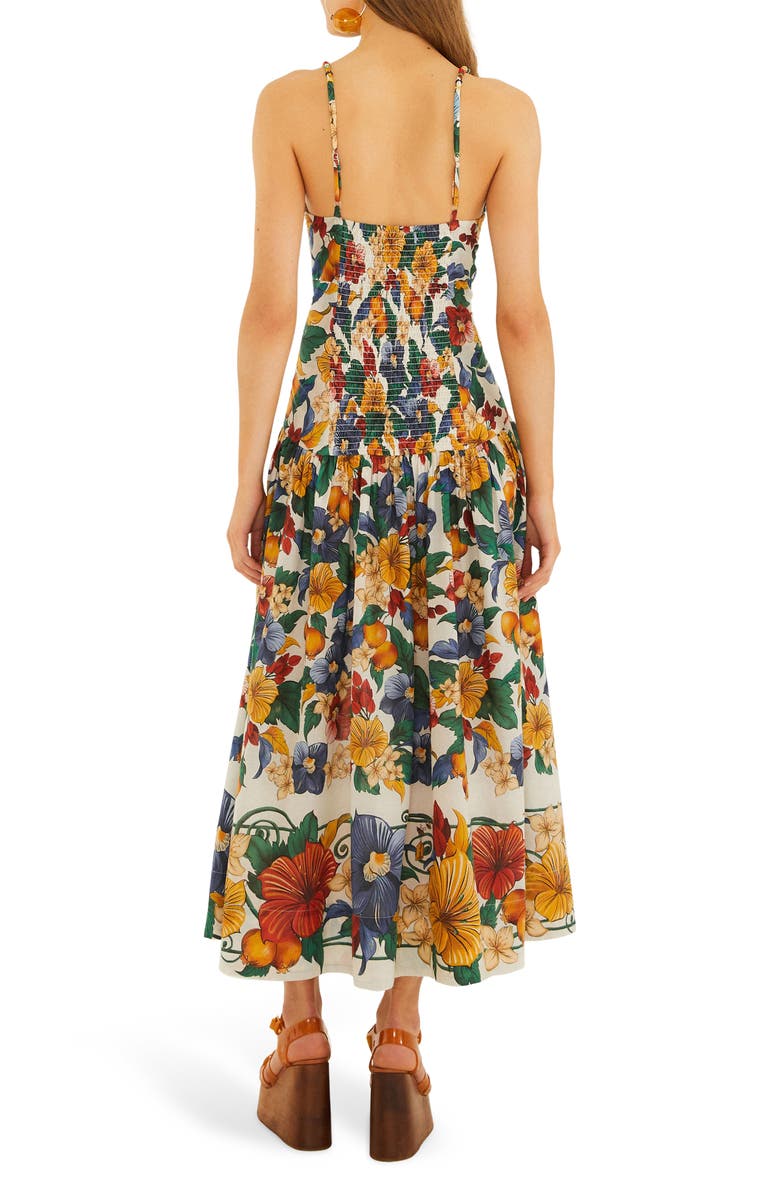 FARM Rio Tropical Print Plunge Neck Drop Waist Midi Dress, Alternate, color, Tropi Off-White