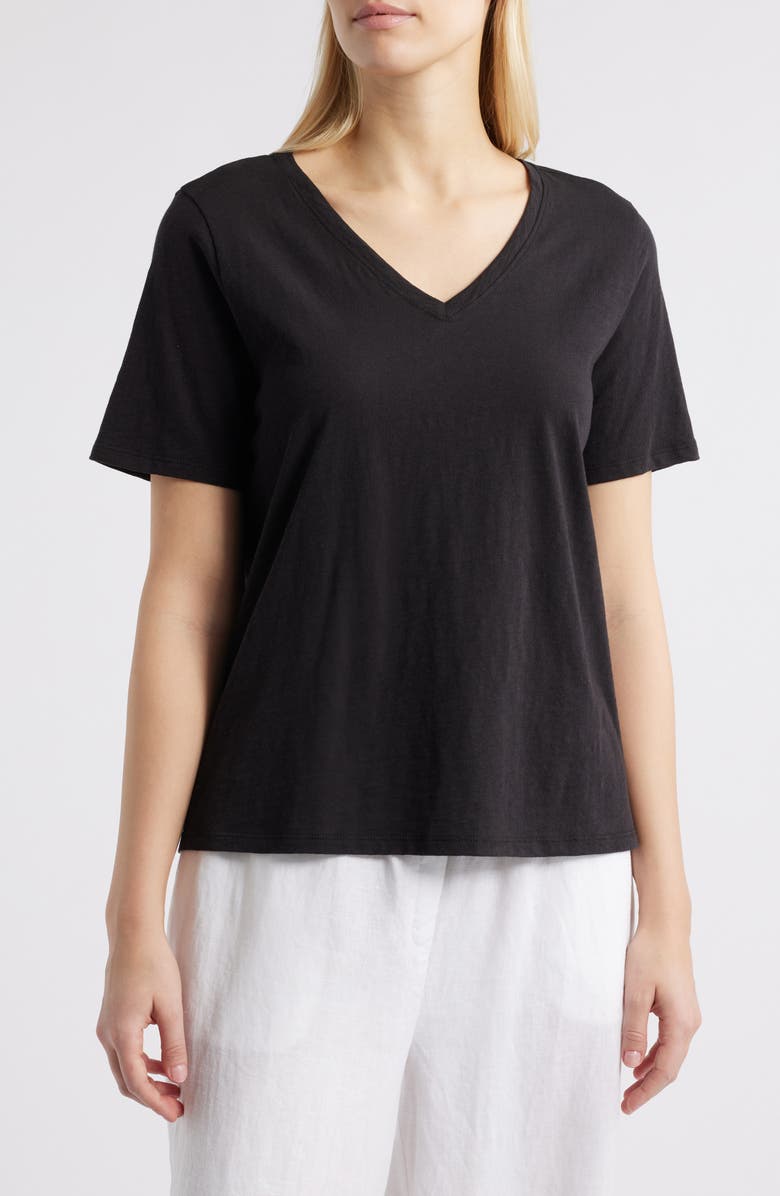 Eileen Fisher Easy Organic Cotton V-Neck T-Shirt, Main, color, Black